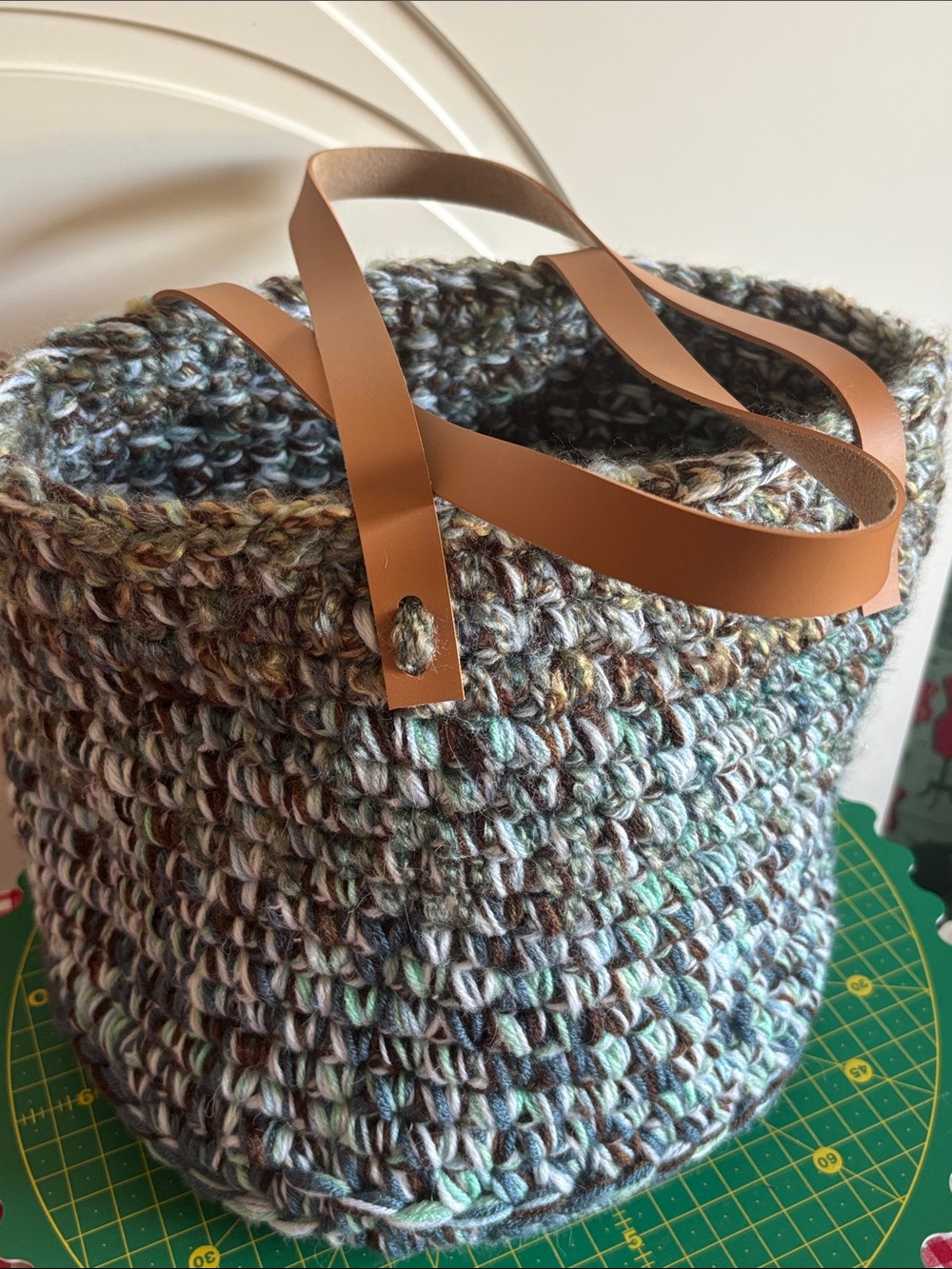 Handcrafted Crocheted Bucket Bag with Tan Faux Leather Handles